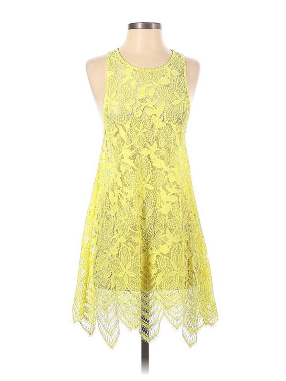 For Love & Lemons Yellow Floral Lace Halter Mini Dress Scalloped Hem XS